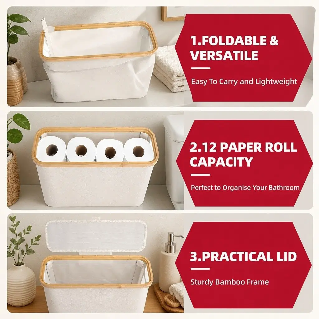 Bamboo-Lid Toilet Paper Storage Basket with Handles