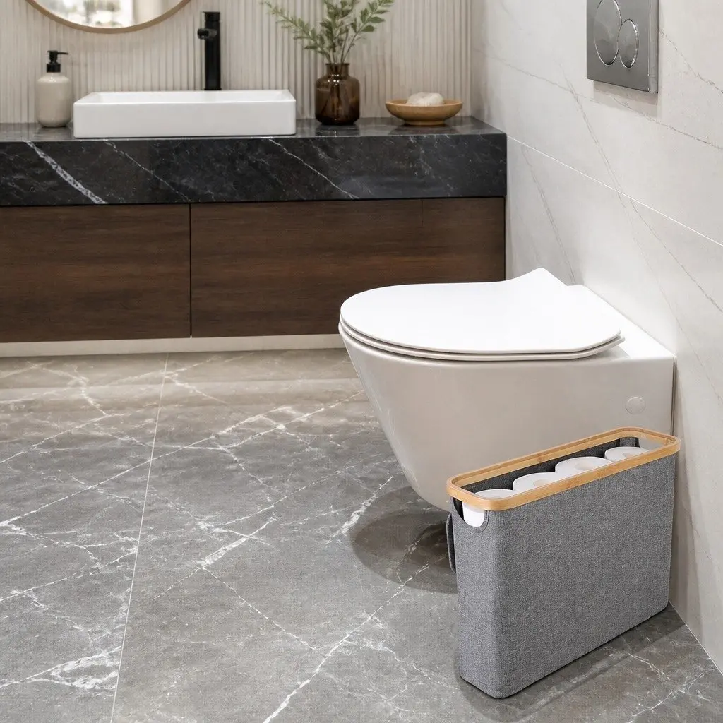 Toilet Paper Storage Basket Oxford Cloth Bamboo Lid Grey 35x45x15 cm