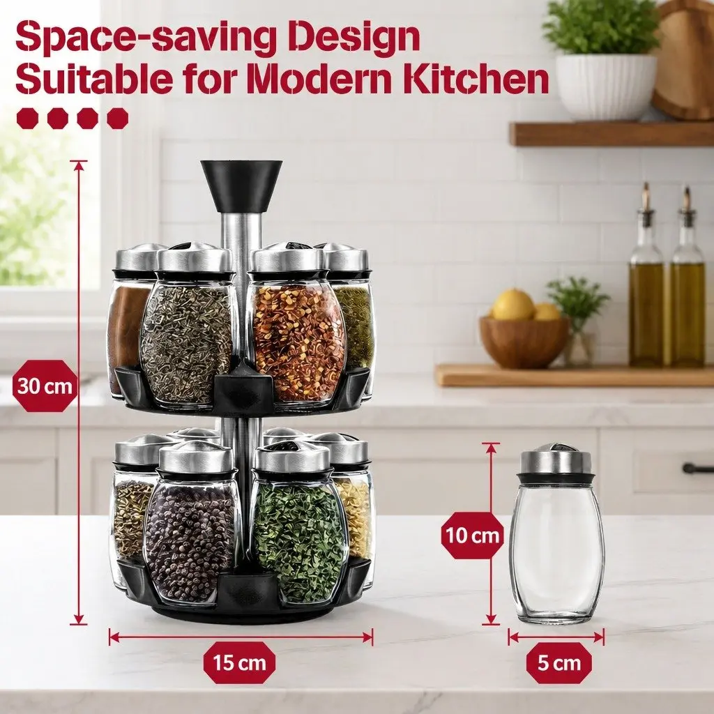 Rotating Spice Rack Organizer Glass Jars Stainless Steel 16 Piece Kitchen Countertop Storage
