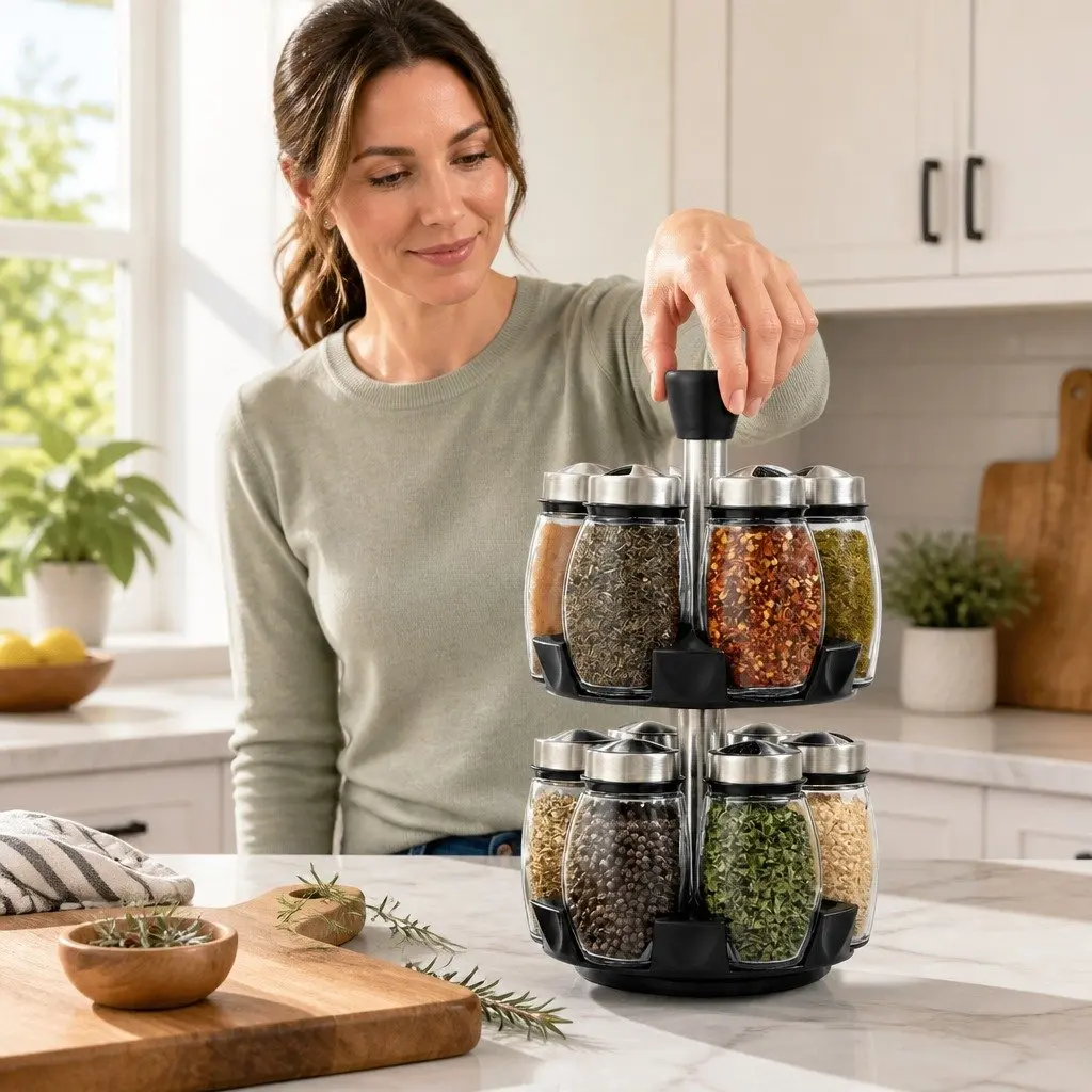 Rotating Spice Rack Organizer Glass Jars Stainless Steel 16 Piece Kitchen Countertop Storage