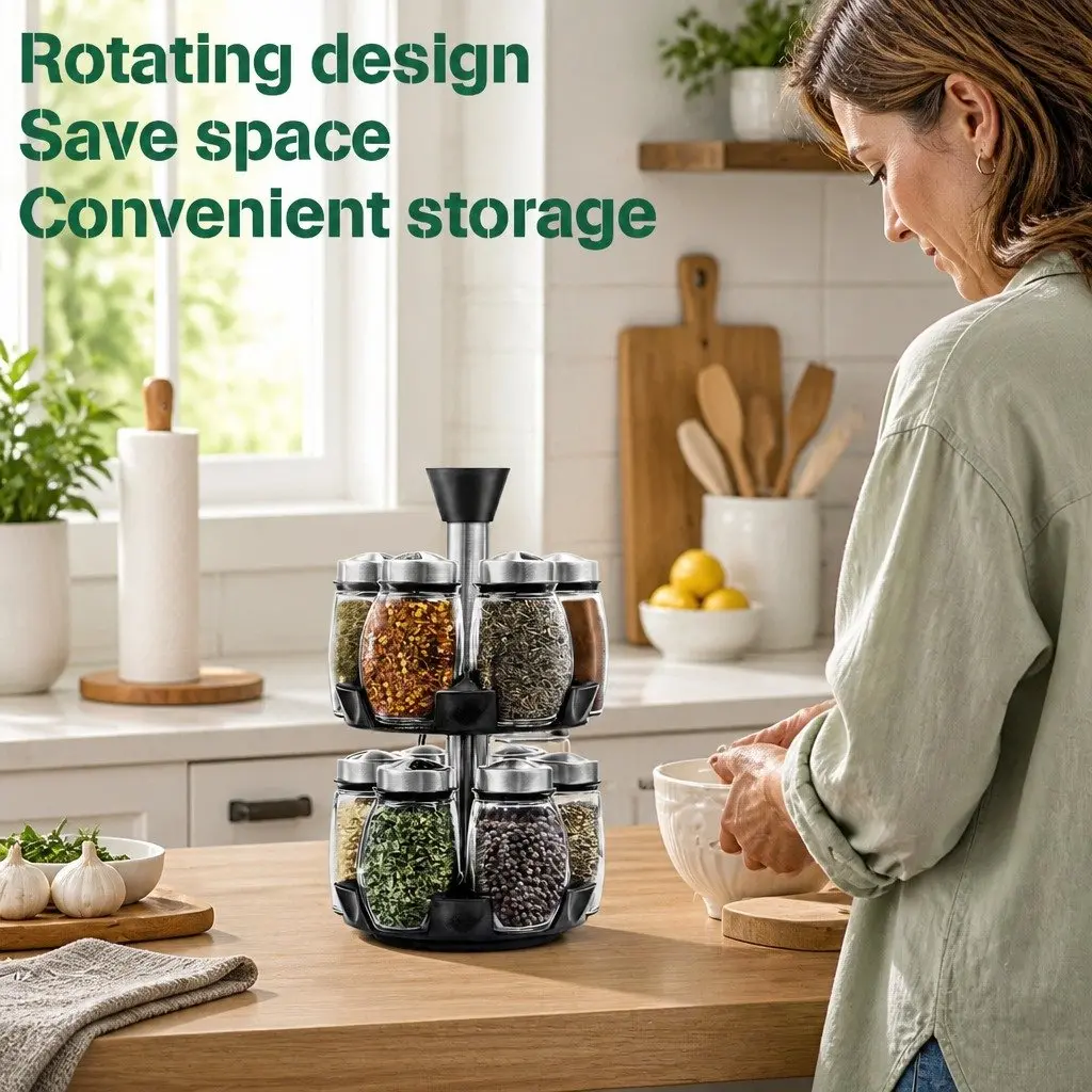 Rotating Spice Rack Organizer Glass Jars Stainless Steel 16 Piece Kitchen Countertop Storage