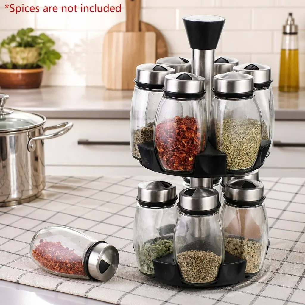 Rotating Spice Rack Organizer Glass Jars Stainless Steel 16 Piece Kitchen Countertop Storage