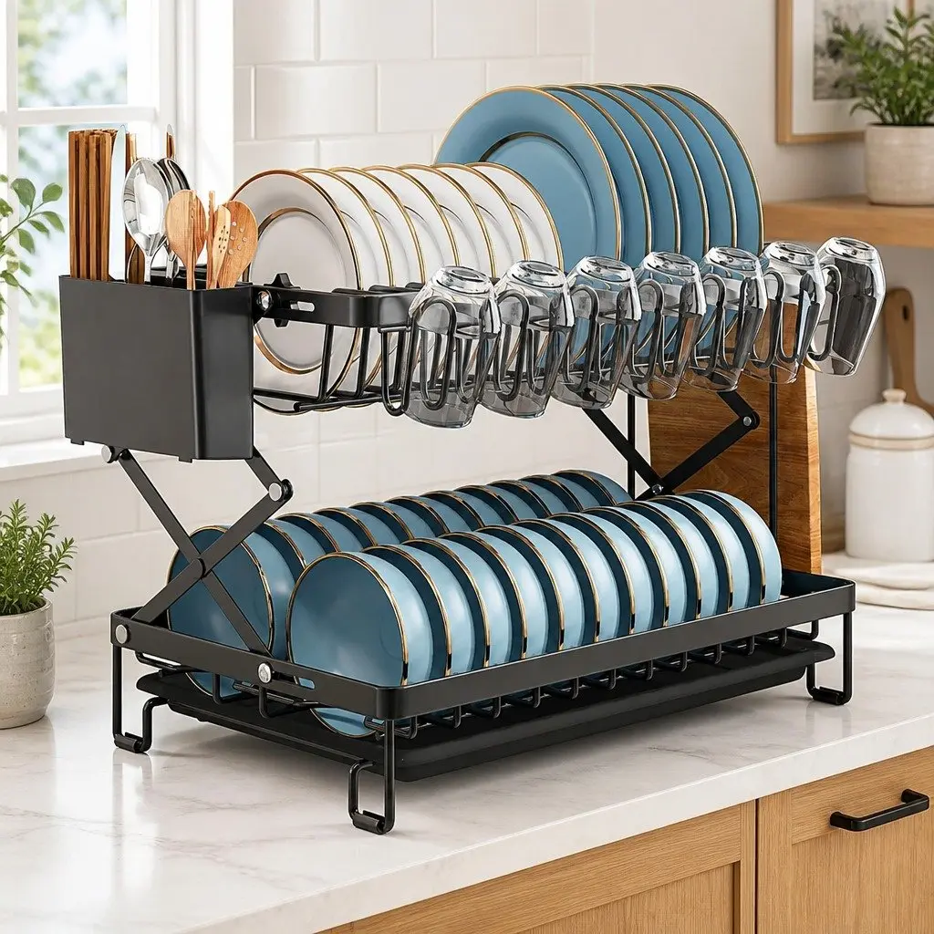 2-Tier Dish Drying Rack with Drainage Tray