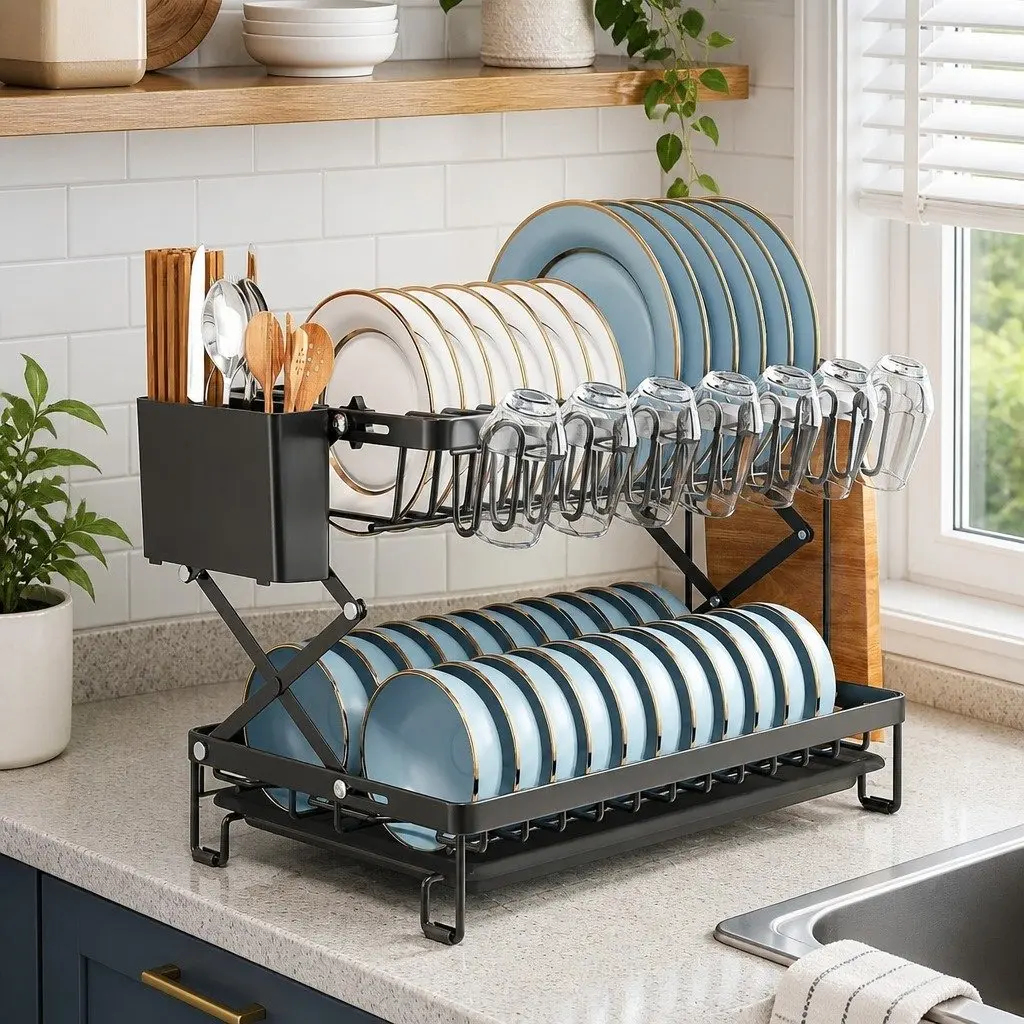 2-Tier Dish Drying Rack with Drainage Tray