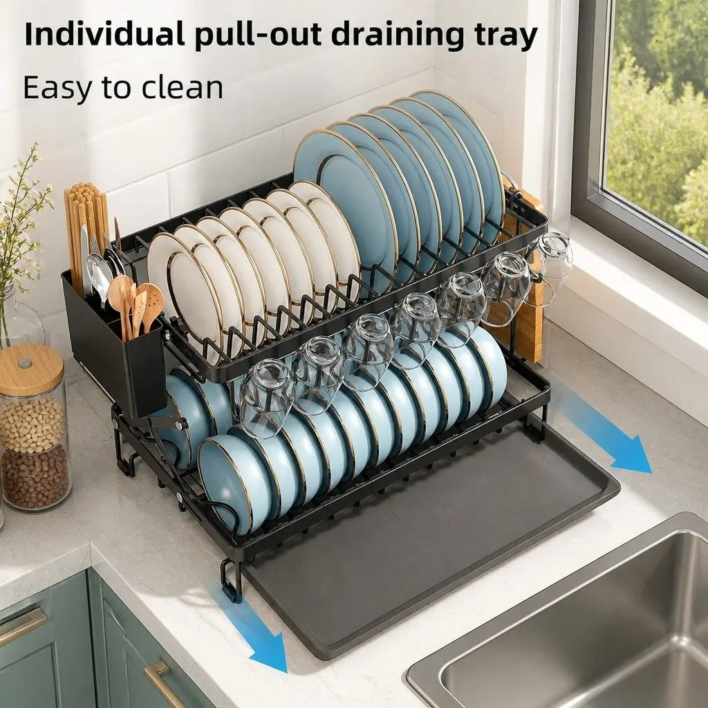 2-Tier Dish Drying Rack with Drainage Tray