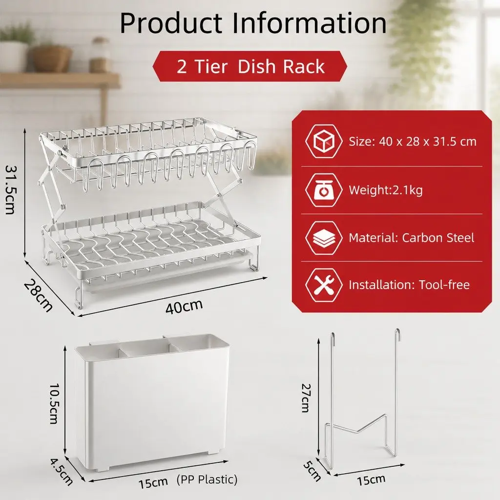 2-Tier Dish Drying Rack with Drainage Tray
