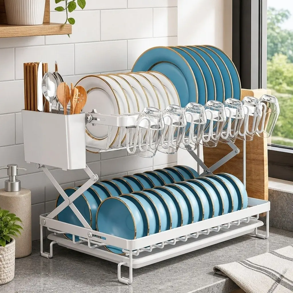 2-Tier Dish Drying Rack with Drainage Tray