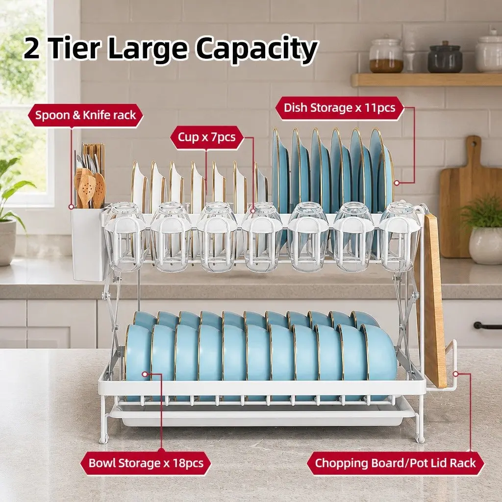 2-Tier Dish Drying Rack with Drainage Tray