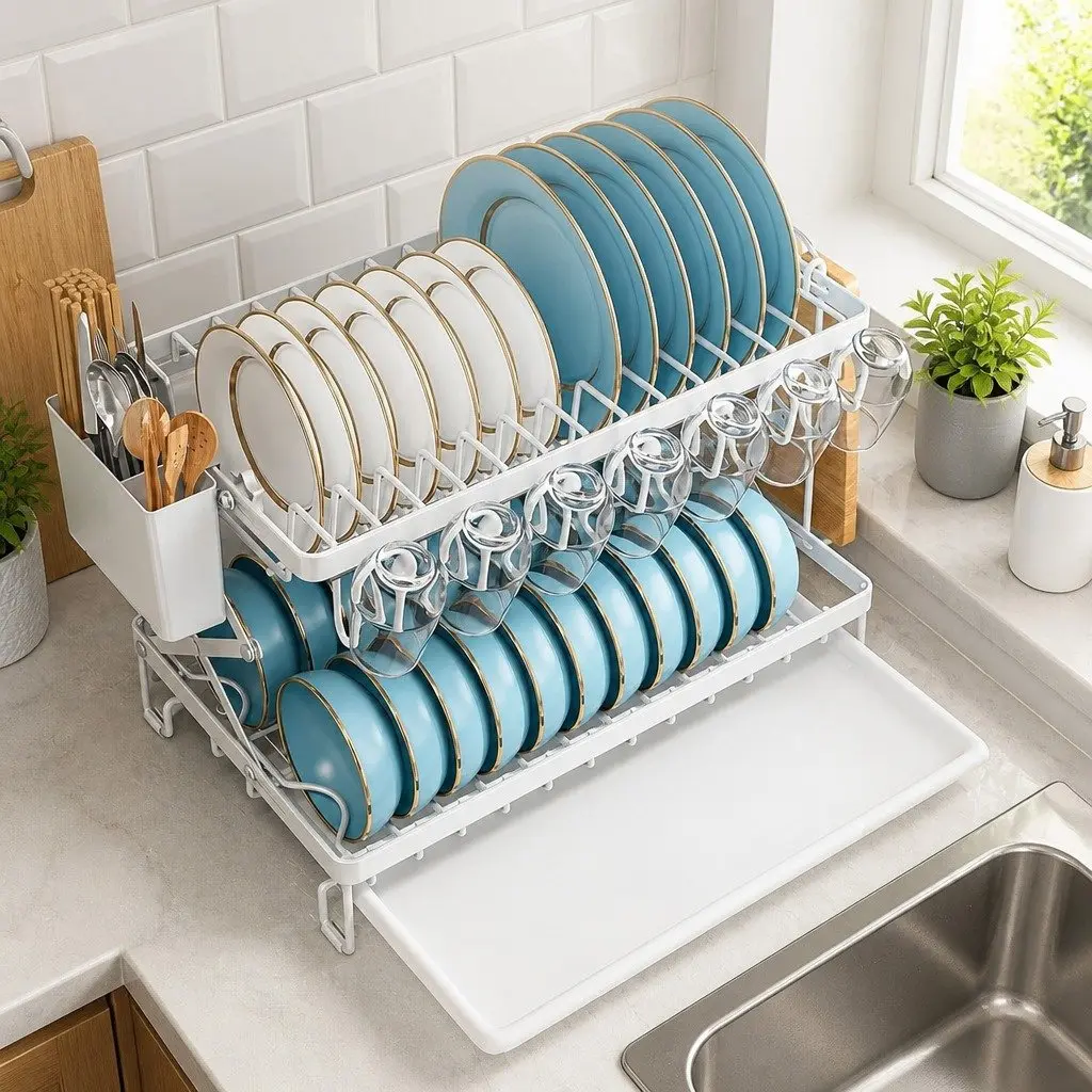 2-Tier Dish Drying Rack with Drainage Tray
