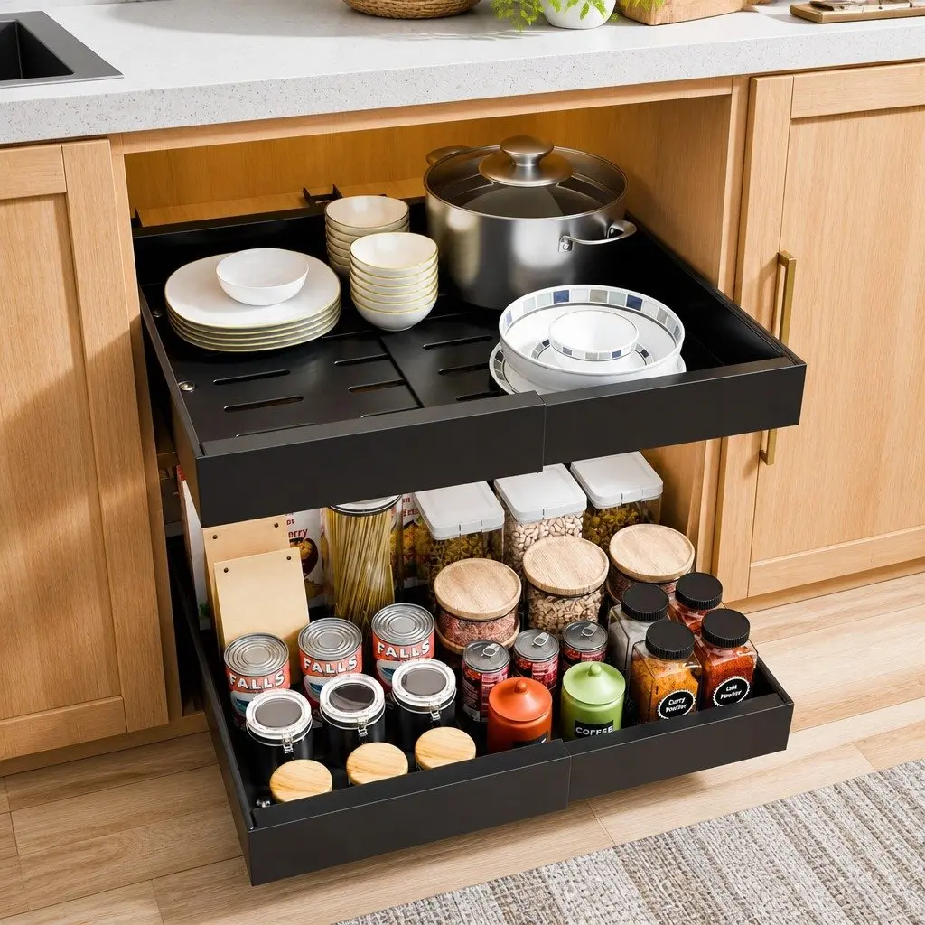 Expandable Pull Out Cabinet Organizer with Adjustable Shelves