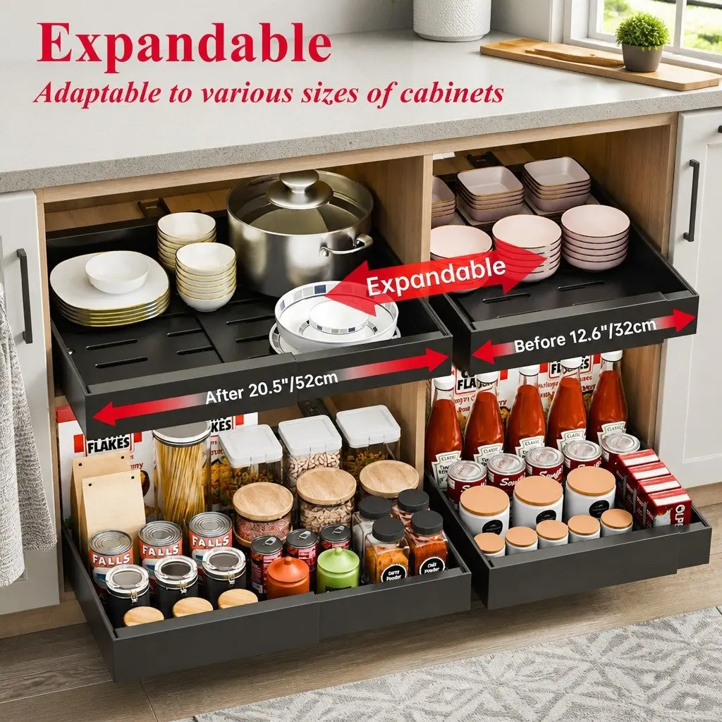 Expandable Pull Out Cabinet Organizer with Adjustable Shelves