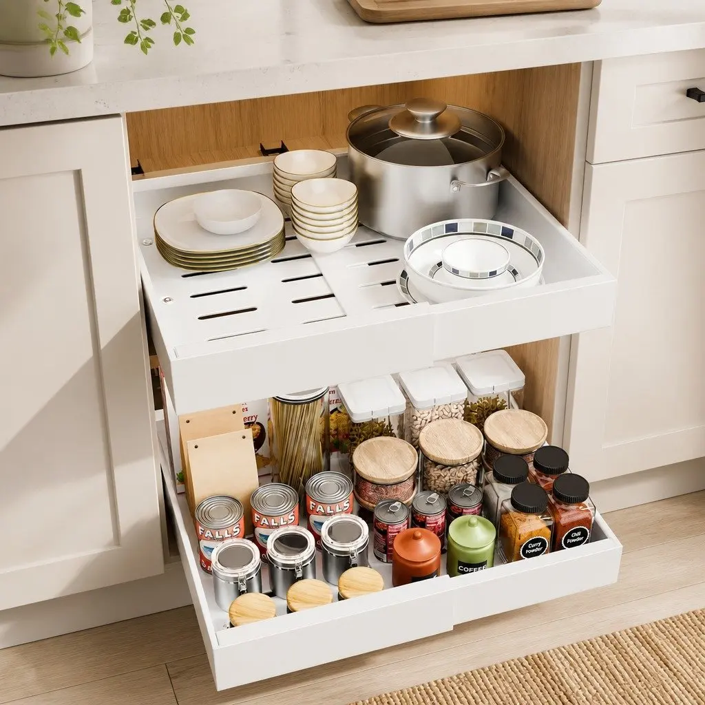 Expandable Pull-Out Cabinet Organizer with Adjustable Shelves