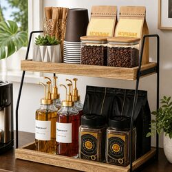Sturdy 2-Tier Wooden Coffee Station Organizer for Home