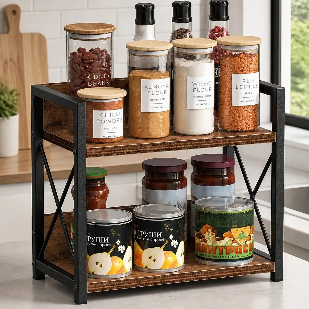 2-Tier Countertop Shelf Organizer Kitchen Spice Rack Rustic Wood Storage