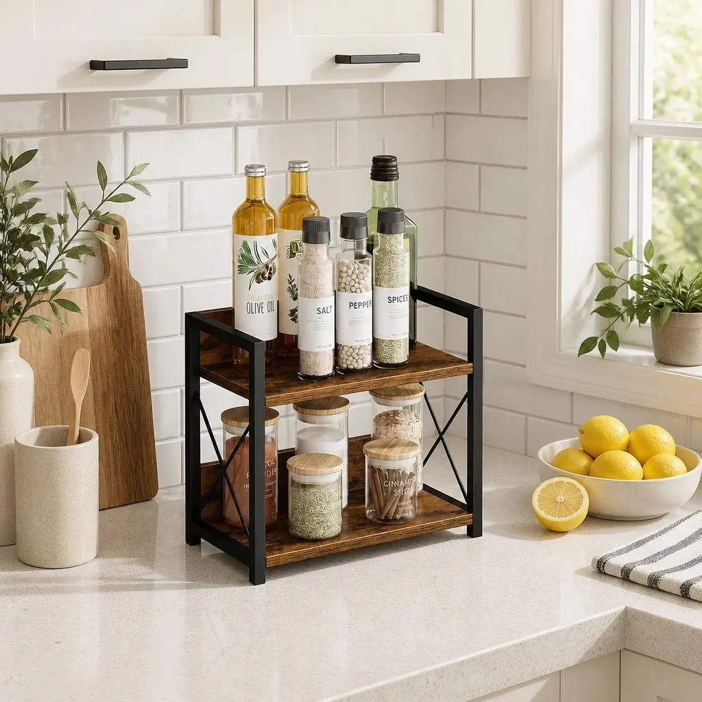 2-Tier Countertop Shelf Organizer Kitchen Spice Rack Rustic Wood Storage