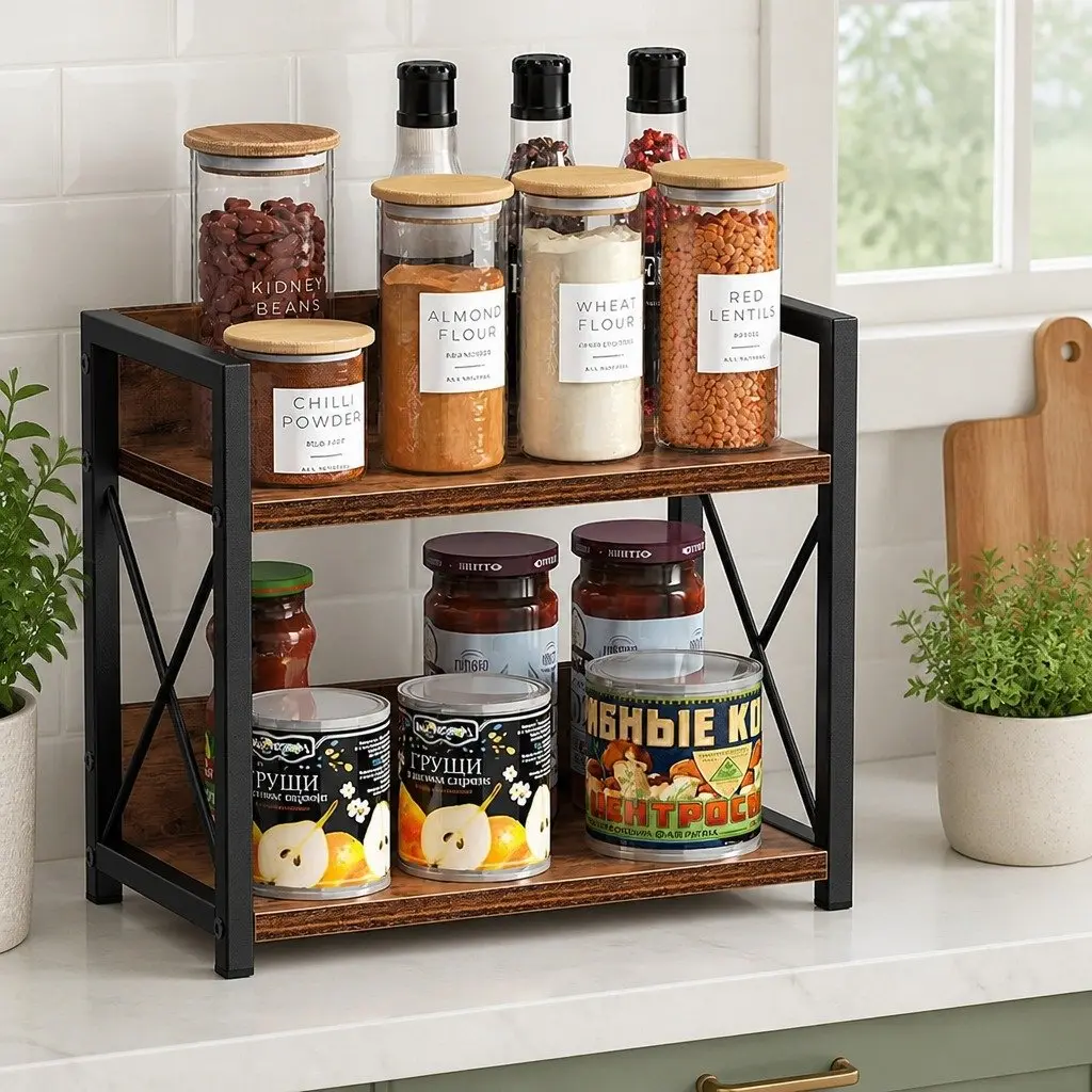 2-Tier Countertop Shelf Organizer Kitchen Spice Rack Rustic Wood Storage