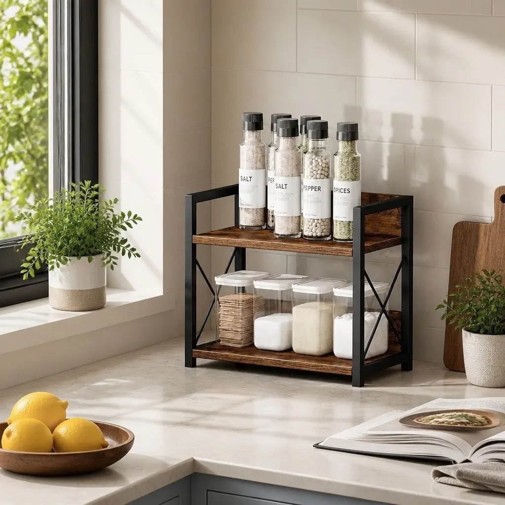 2-Tier Countertop Shelf Organizer Kitchen Spice Rack Rustic Wood Storage