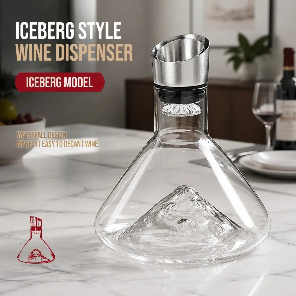 Wine Decanter Aerator Waterfall Pouring Spout Lead-Free Crystal Glass Filter Lid