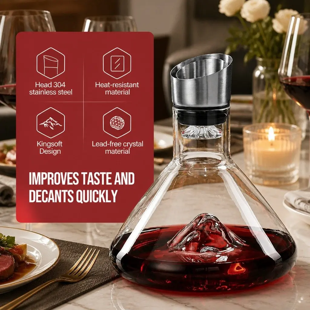 Wine Decanter Aerator Waterfall Pouring Spout Lead-Free Crystal Glass Filter Lid