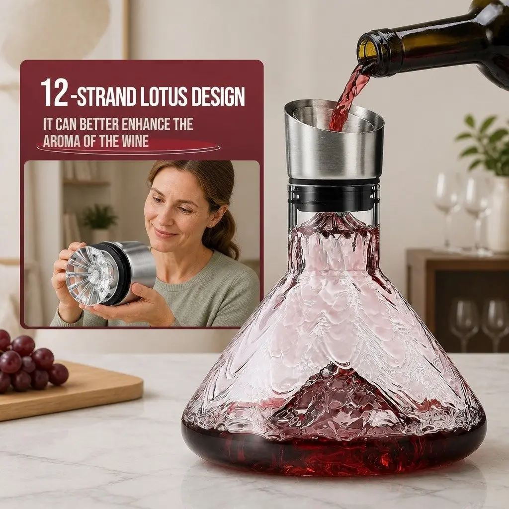 Wine Decanter Aerator Waterfall Pouring Spout Lead-Free Crystal Glass Filter Lid