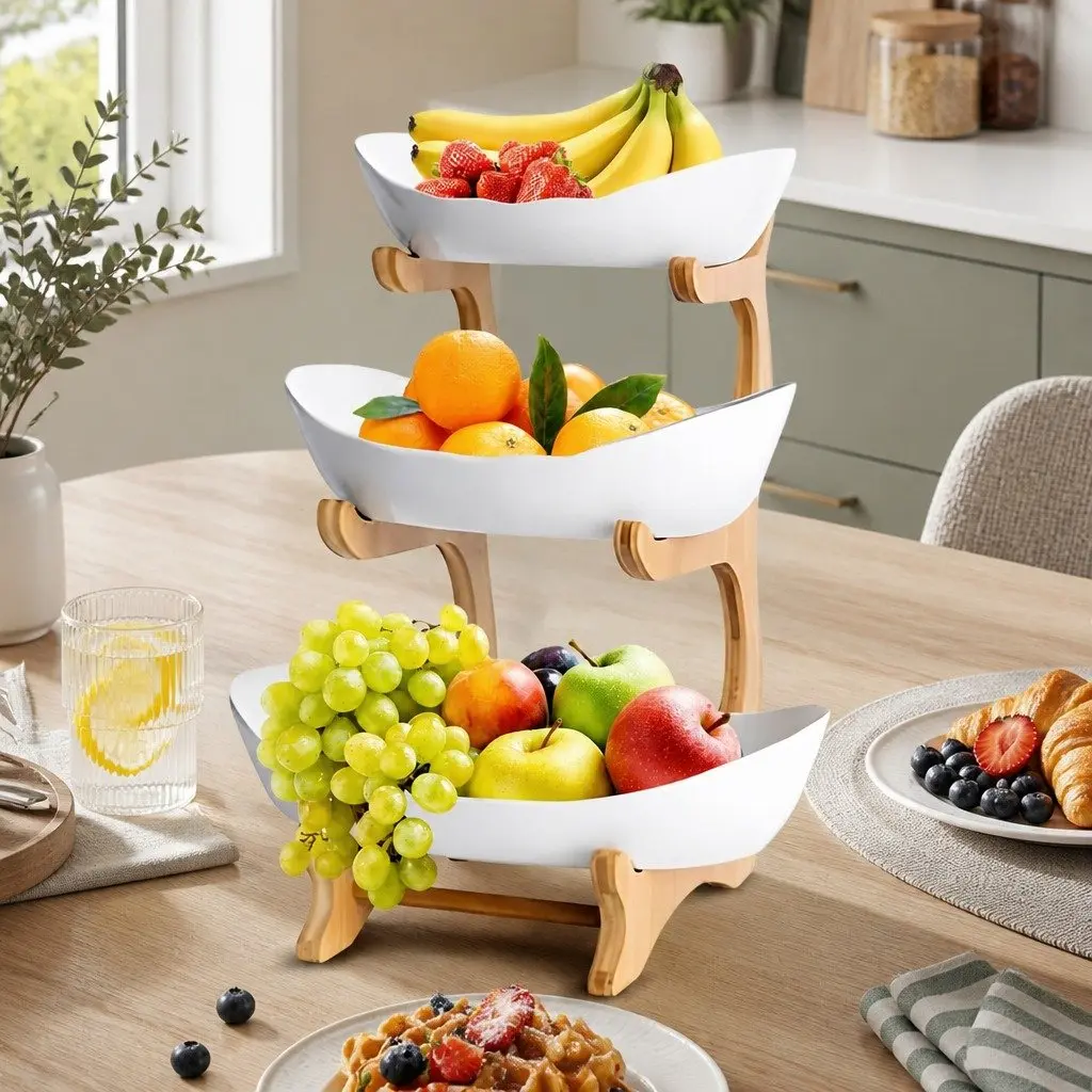 3-Tier Ceramic Fruit Bowl with Bamboo Stand
