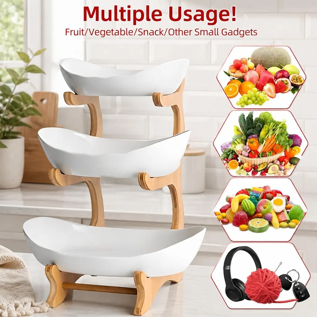 3-Tier Ceramic Fruit Bowl with Bamboo Stand