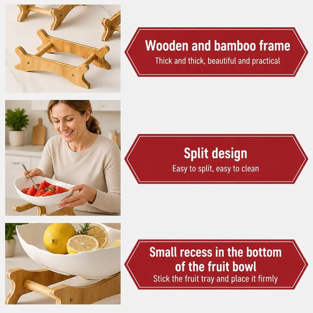 3-Tier Ceramic Fruit Bowl with Bamboo Stand
