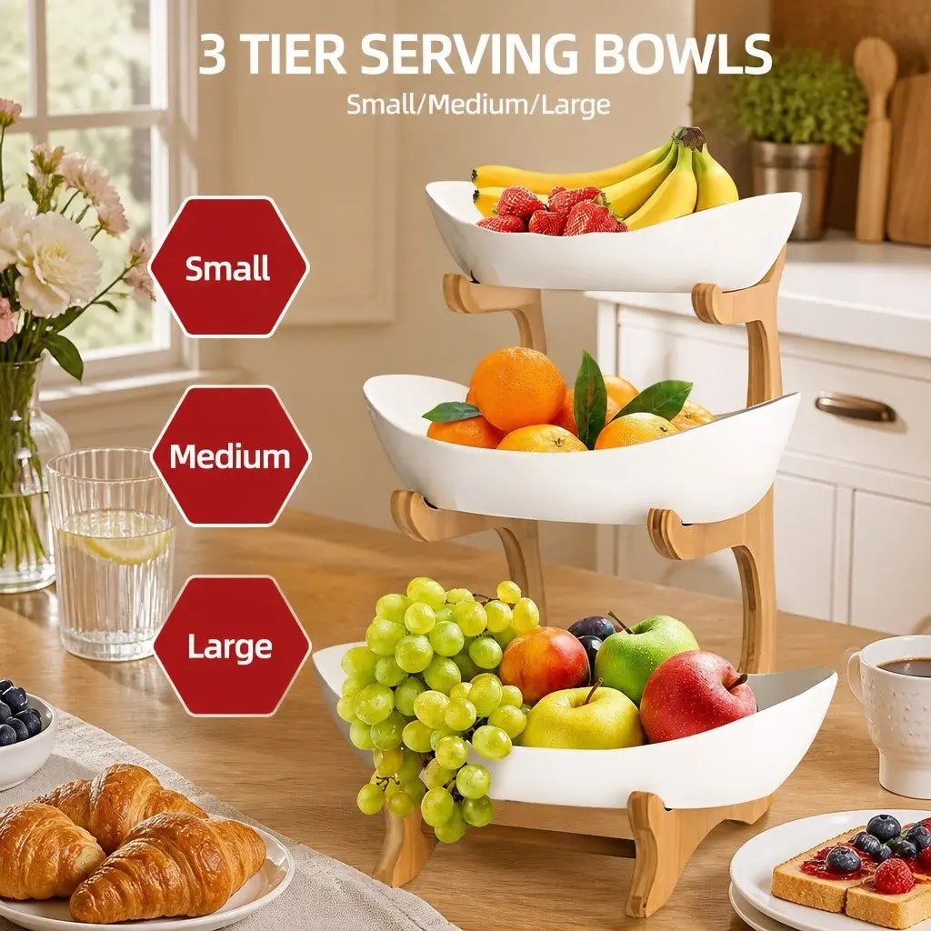 3-Tier Ceramic Fruit Bowl with Bamboo Stand