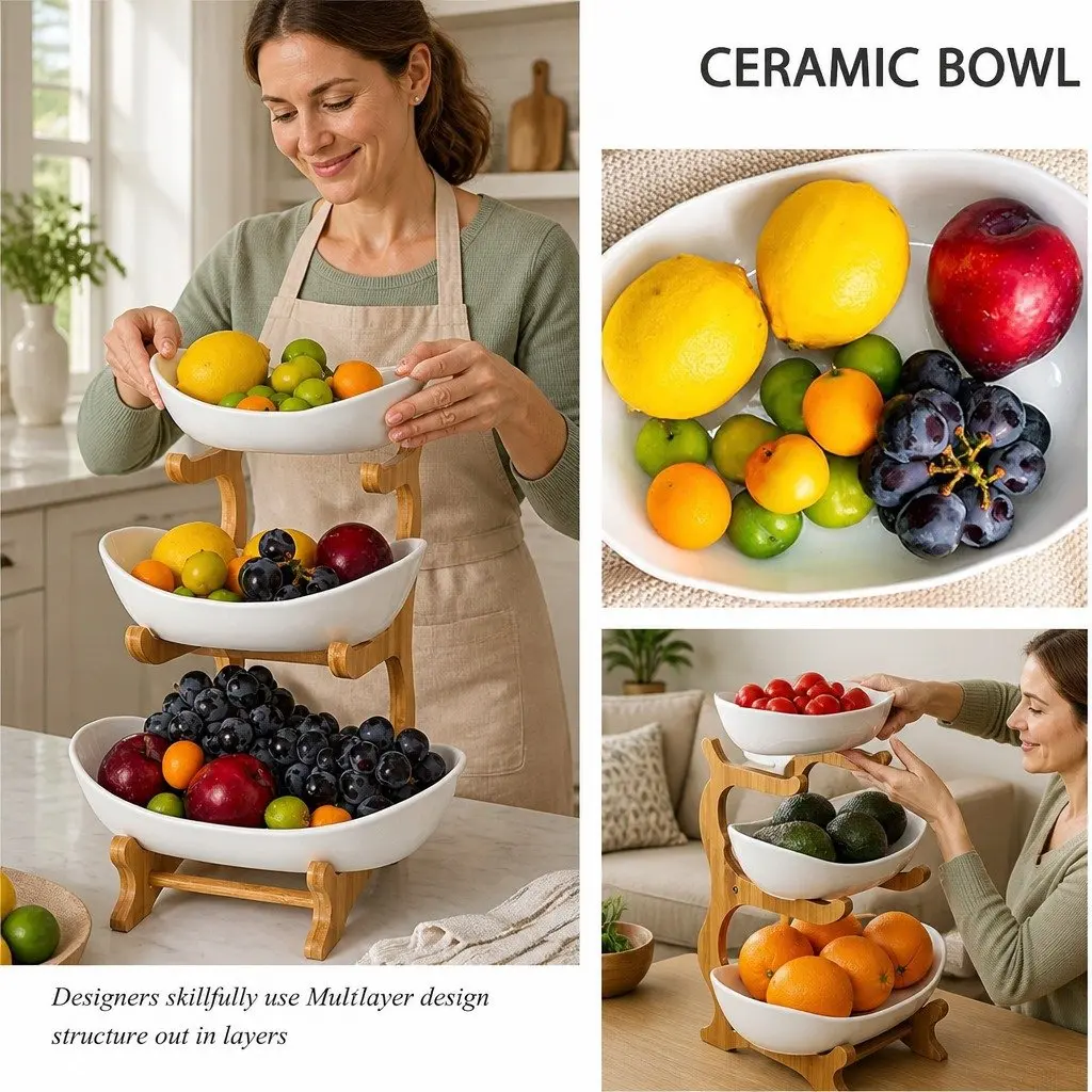 3-Tier Ceramic Fruit Bowl with Bamboo Stand