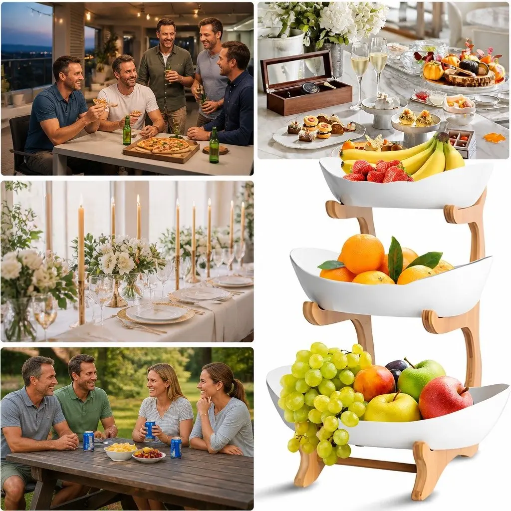 3-Tier Ceramic Fruit Bowl with Bamboo Stand