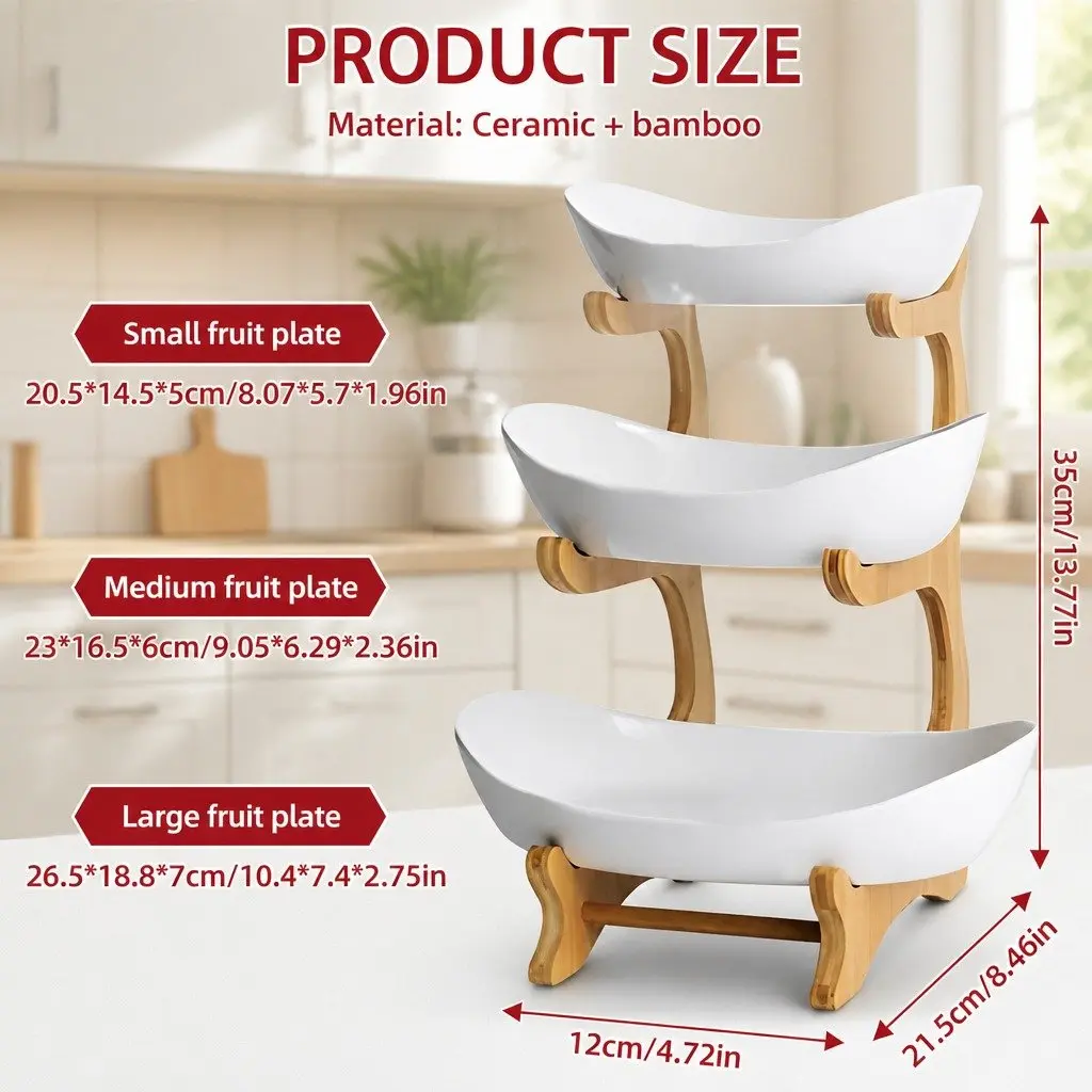 3-Tier Ceramic Fruit Bowl with Bamboo Stand