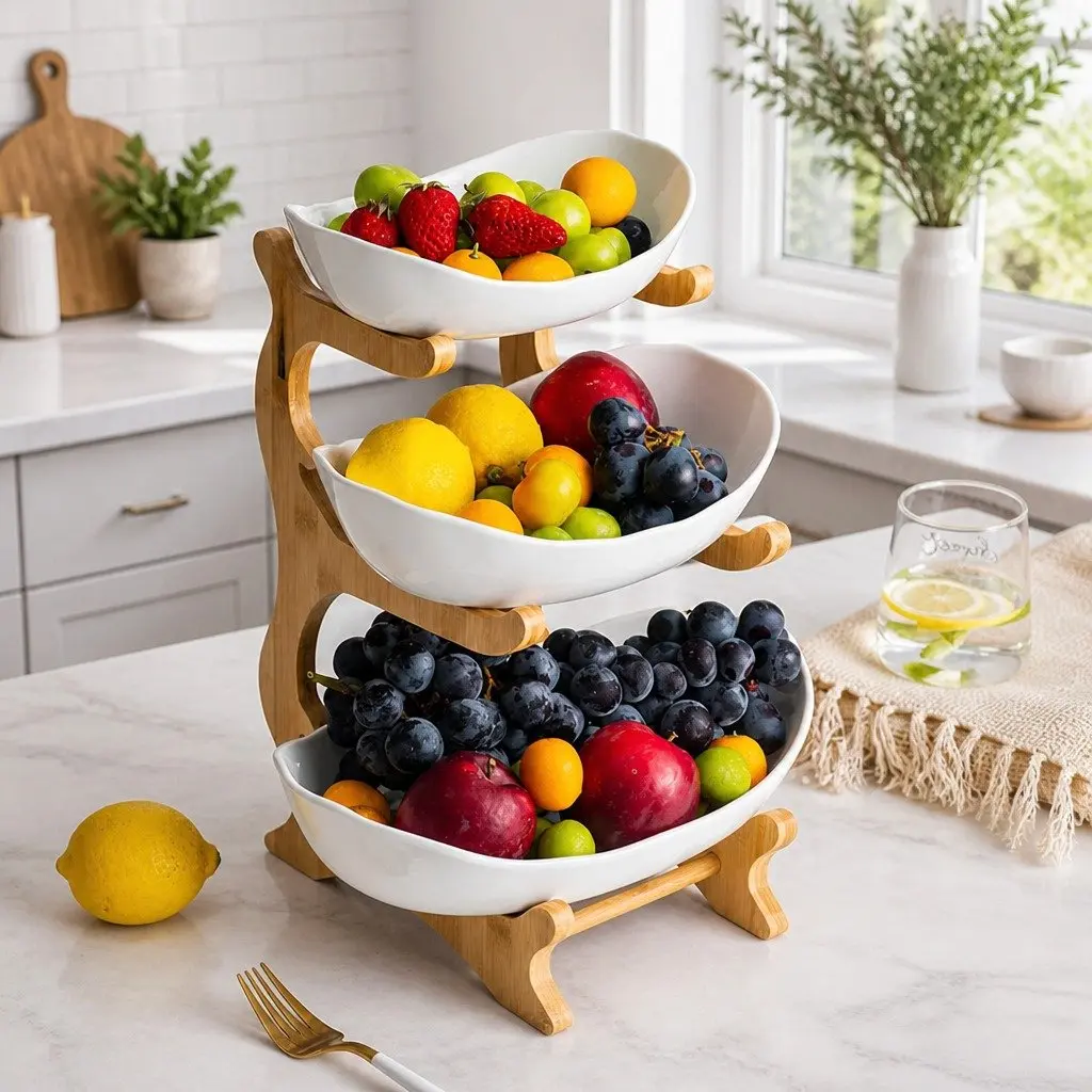 3-Tier Ceramic Fruit Bowl with Bamboo Stand