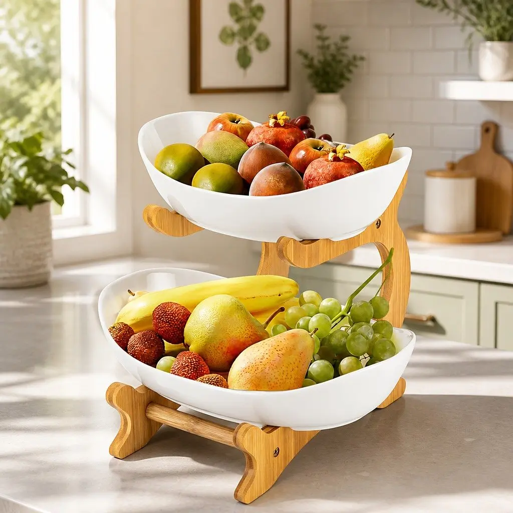 2 Tier Ceramic Bowl White with Bamboo Stand Vertical Space Saver for Kitchen Counter and Snack Tray