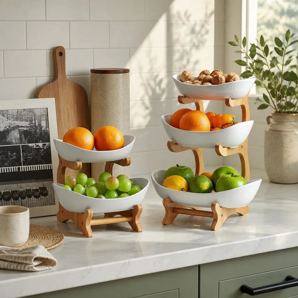 2 Tier Ceramic Bowl White with Bamboo Stand Vertical Space Saver for Kitchen Counter and Snack Tray