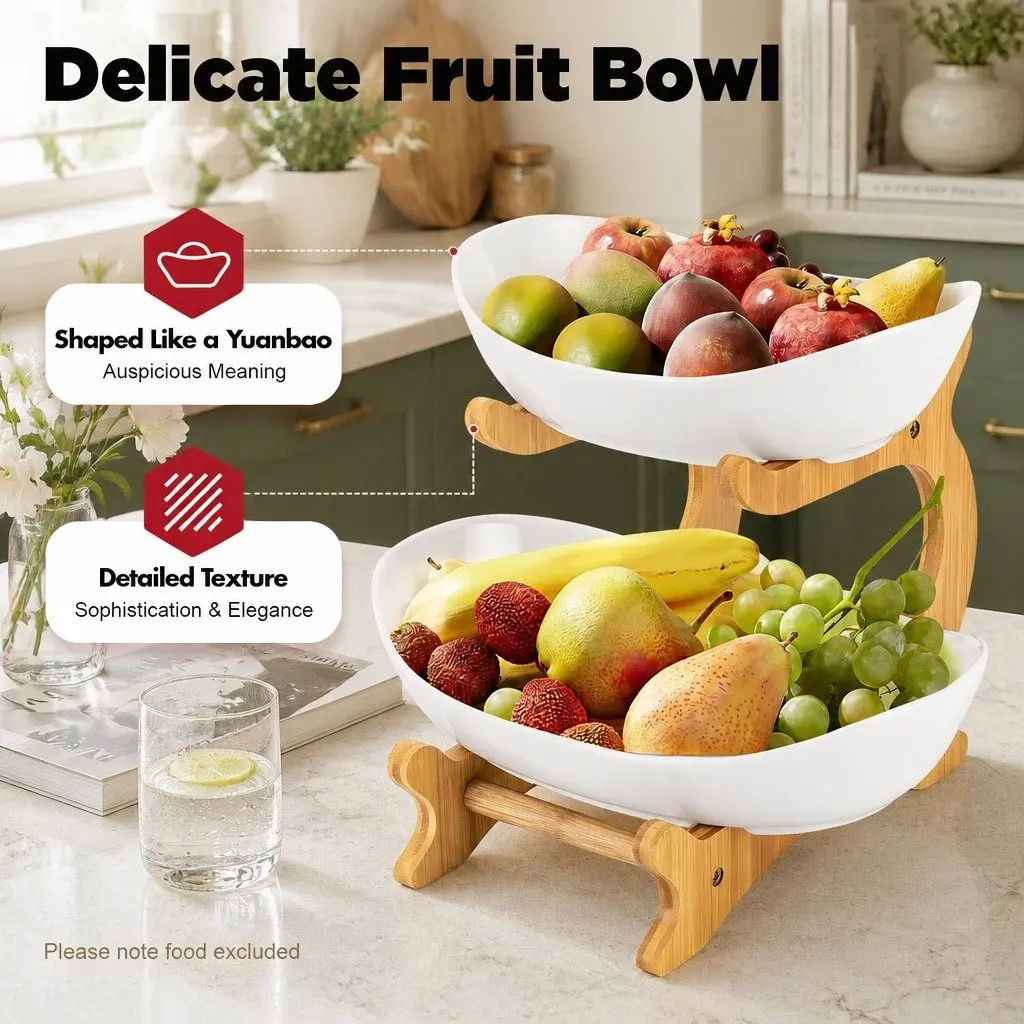 2 Tier Ceramic Bowl White with Bamboo Stand Vertical Space Saver for Kitchen Counter and Snack Tray
