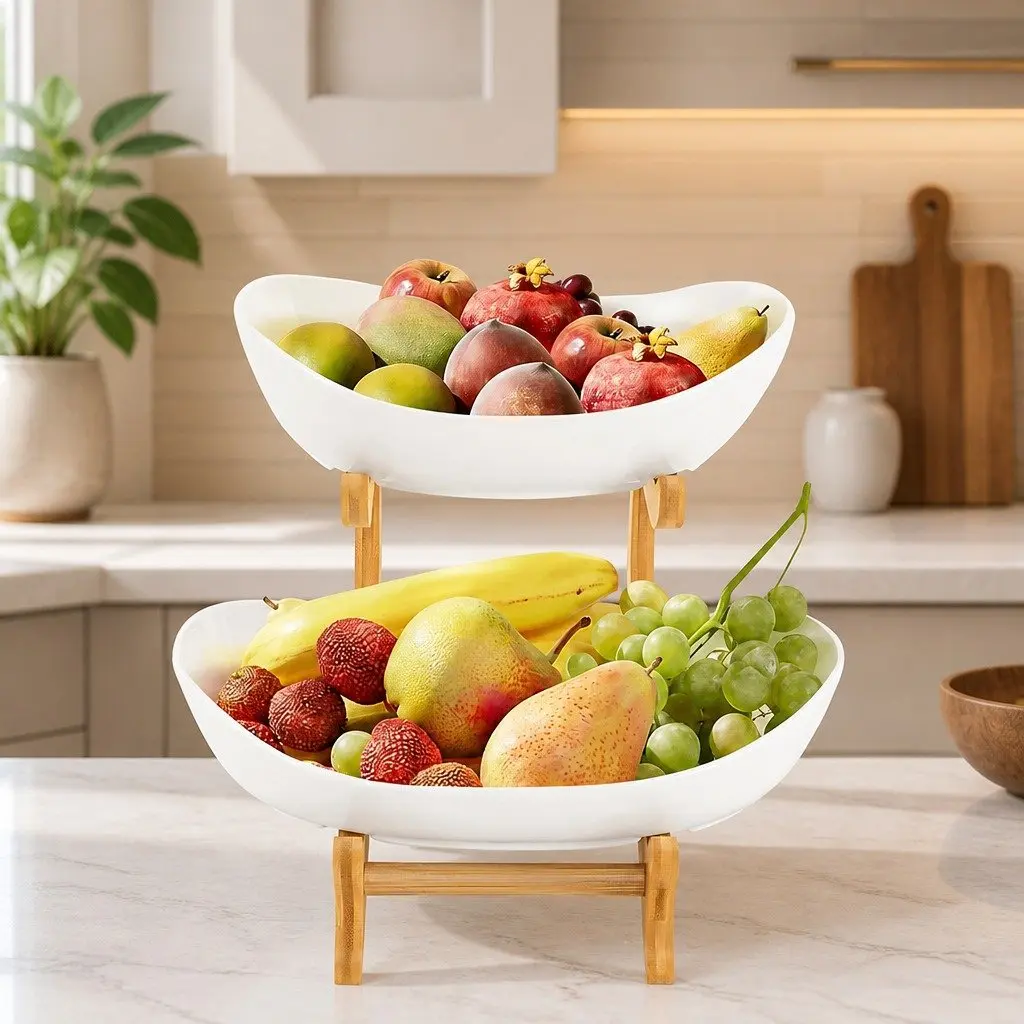 2 Tier Ceramic Bowl White with Bamboo Stand Vertical Space Saver for Kitchen Counter and Snack Tray