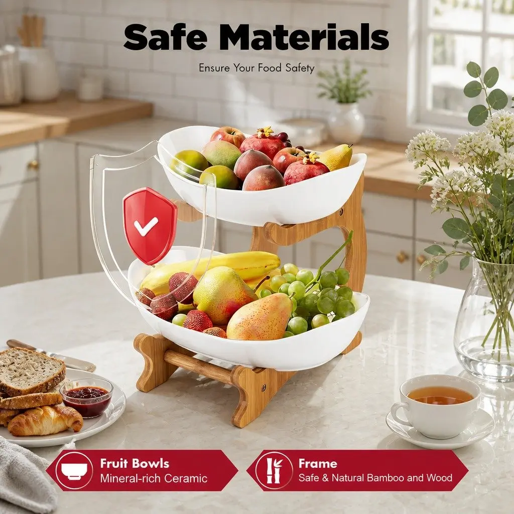 2 Tier Ceramic Bowl White with Bamboo Stand Vertical Space Saver for Kitchen Counter and Snack Tray