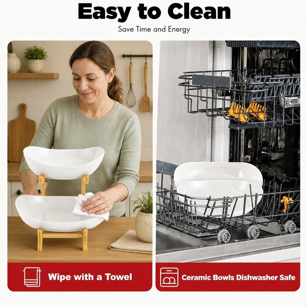 2 Tier Ceramic Bowl White with Bamboo Stand Vertical Space Saver for Kitchen Counter and Snack Tray