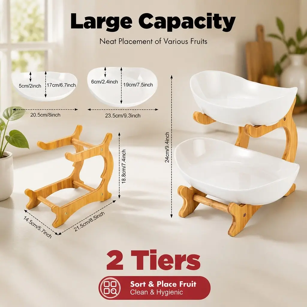 2 Tier Ceramic Bowl White with Bamboo Stand Vertical Space Saver for Kitchen Counter and Snack Tray