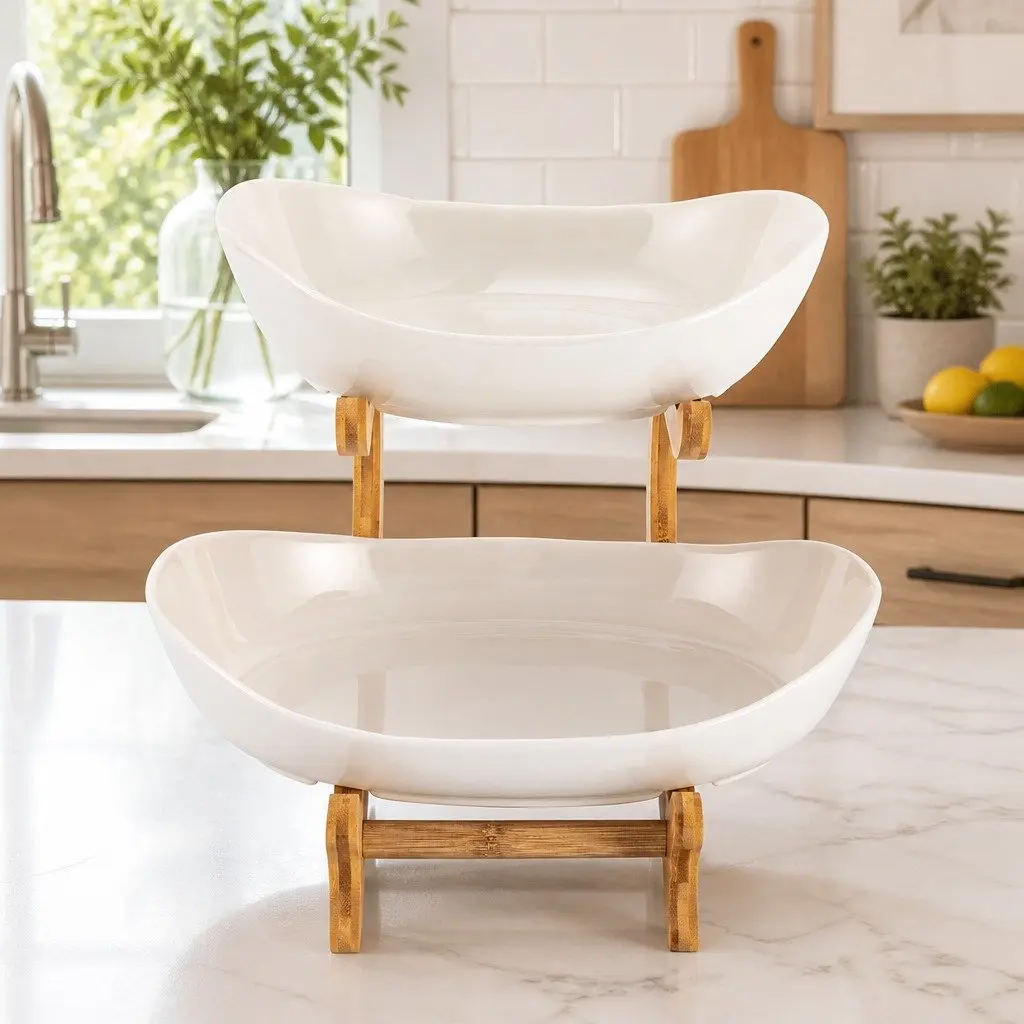 2 Tier Ceramic Bowl White with Bamboo Stand Vertical Space Saver for Kitchen Counter and Snack Tray