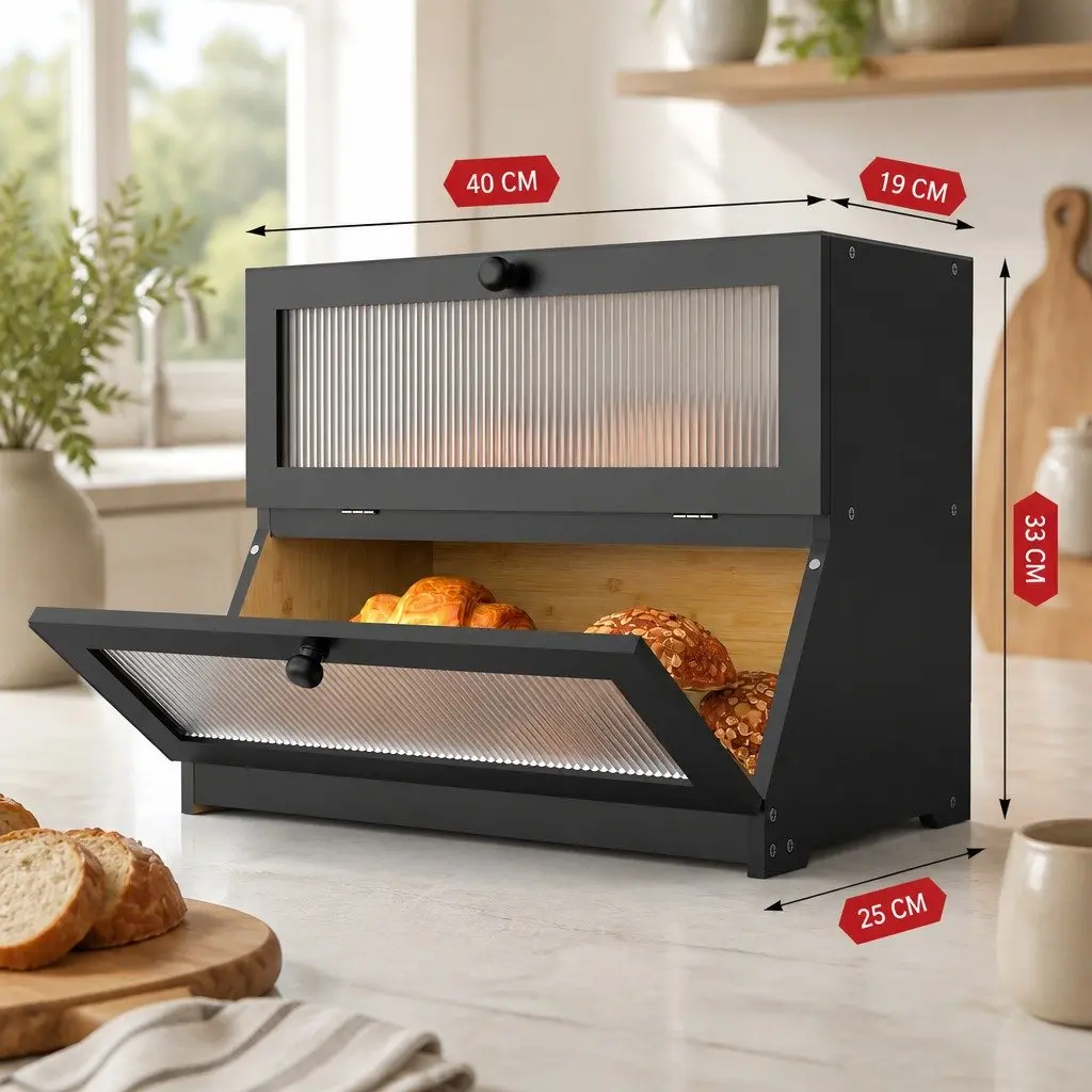 Bread Box Bamboo Double Layer Black Kitchen Counter Storage Container
