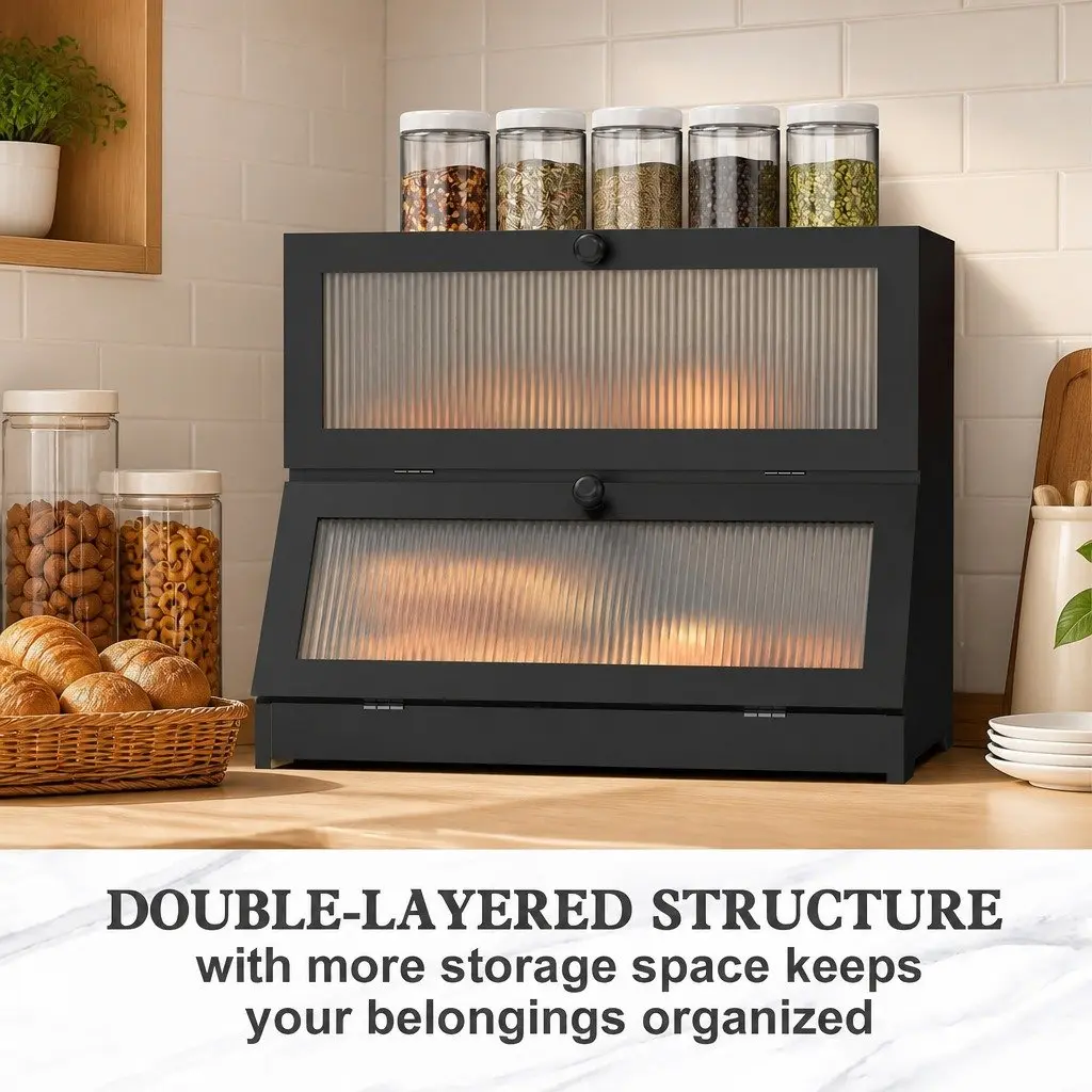 Bread Box Bamboo Double Layer Black Kitchen Counter Storage Container