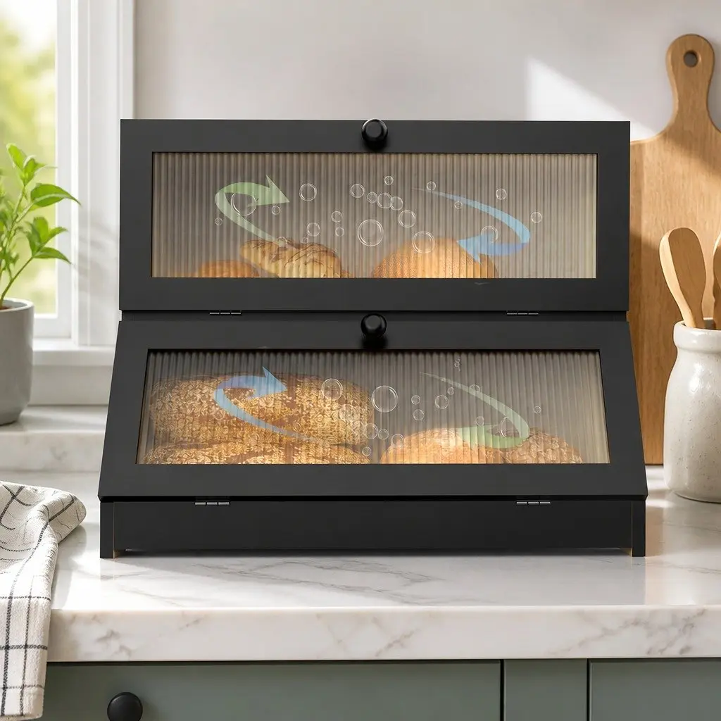 Bread Box Bamboo Double Layer Black Kitchen Counter Storage Container