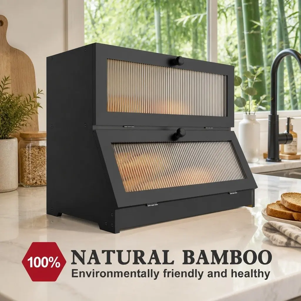 Bread Box Bamboo Double Layer Black Kitchen Counter Storage Container
