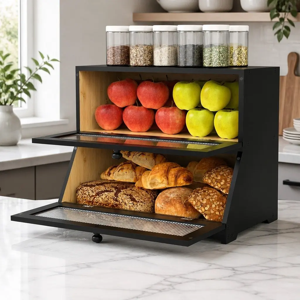 Bread Box Bamboo Double Layer Black Kitchen Counter Storage Container
