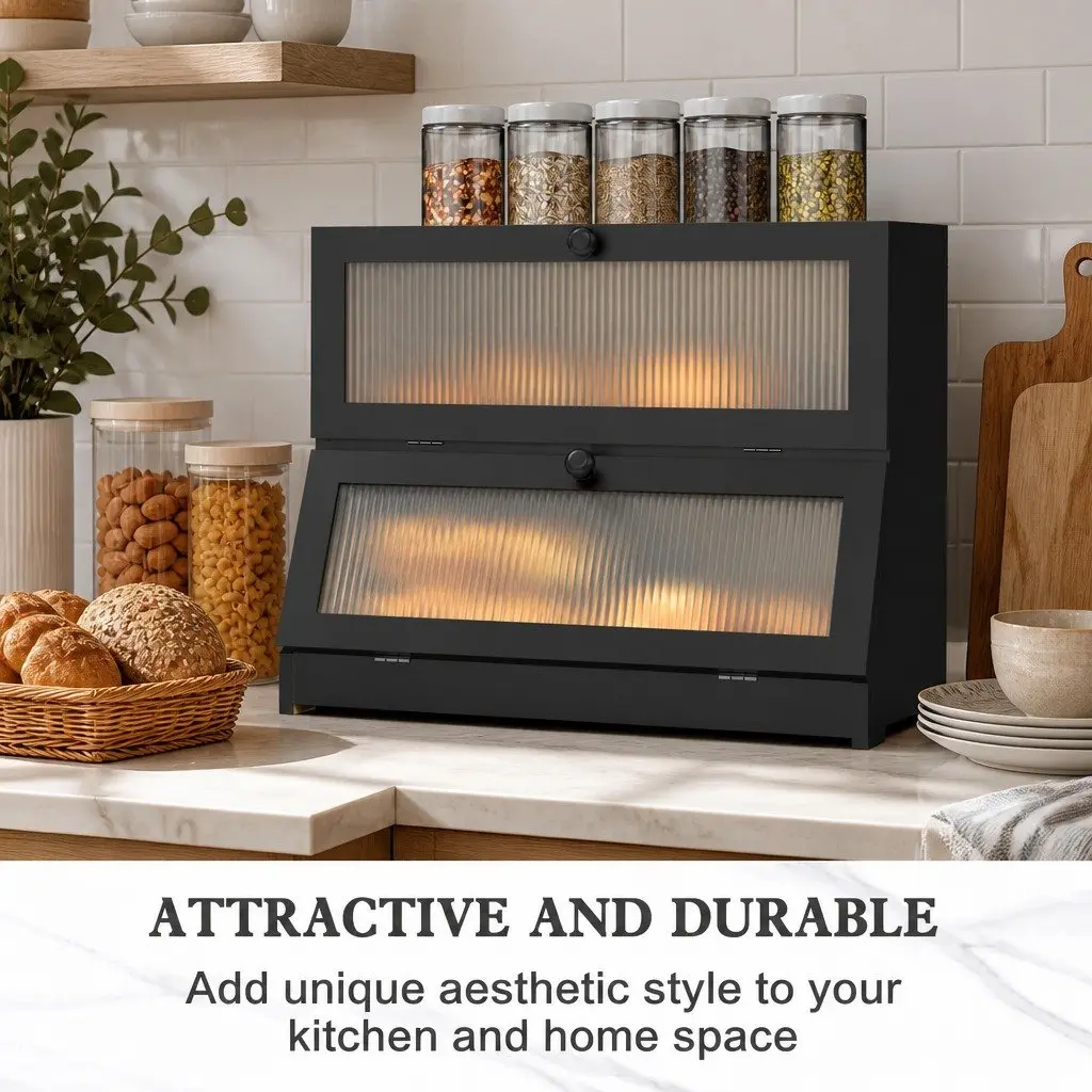 Bread Box Bamboo Double Layer Black Kitchen Counter Storage Container