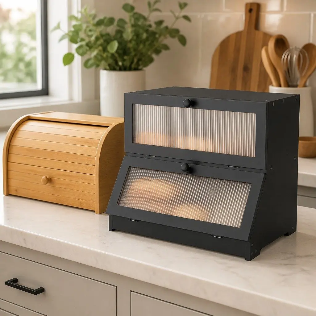 Bread Box Bamboo Double Layer Black Kitchen Counter Storage Container