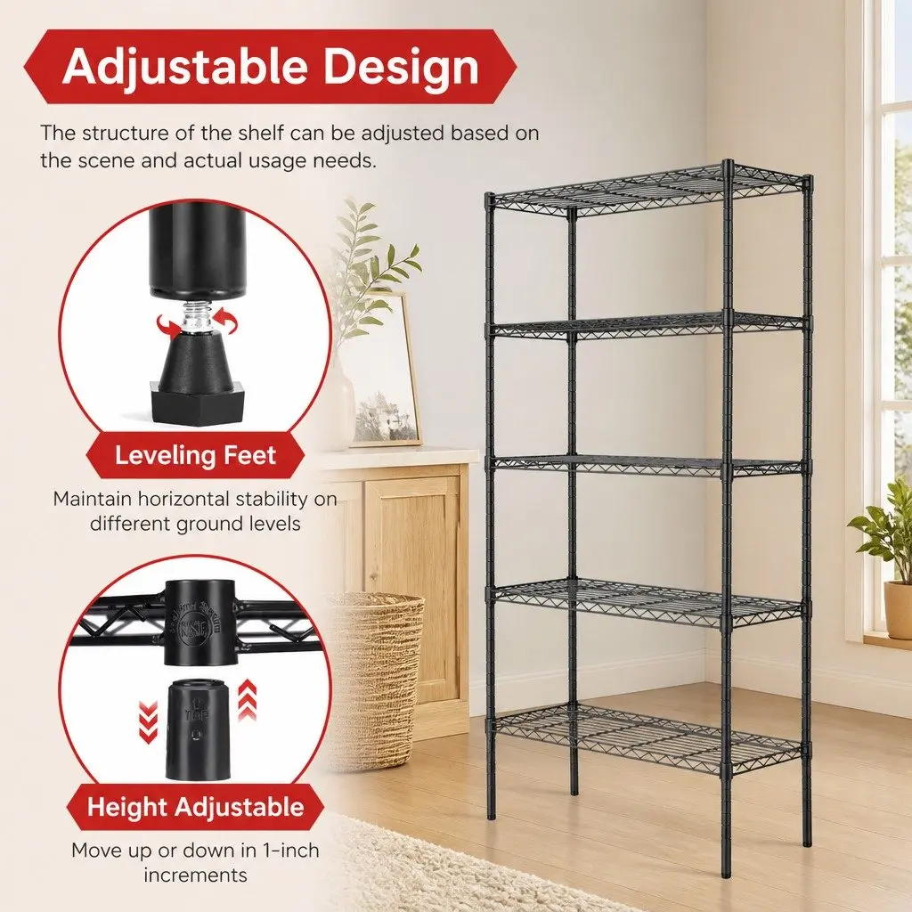 5-Tier Adjustable Metal Storage Shelves Wire Rack Organizer 60cm W 40cm D 145cm H