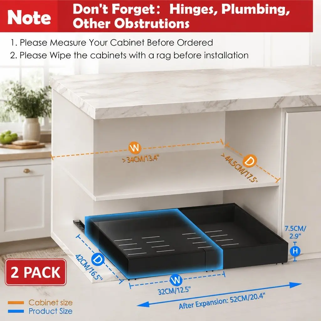 Pull Out Cabinet Organizer Heavy Duty Expandable Slide Out Shelves Black 2 Pack