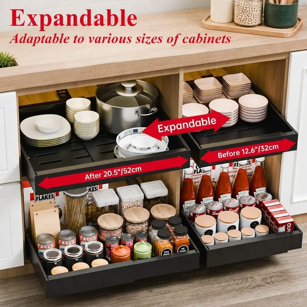 Pull Out Cabinet Organizer Heavy Duty Expandable Slide Out Shelves Black 2 Pack